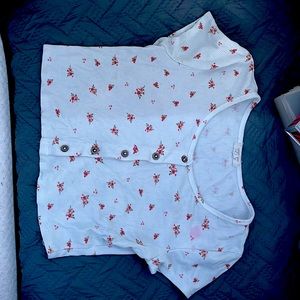 flower print crop top/ fake button